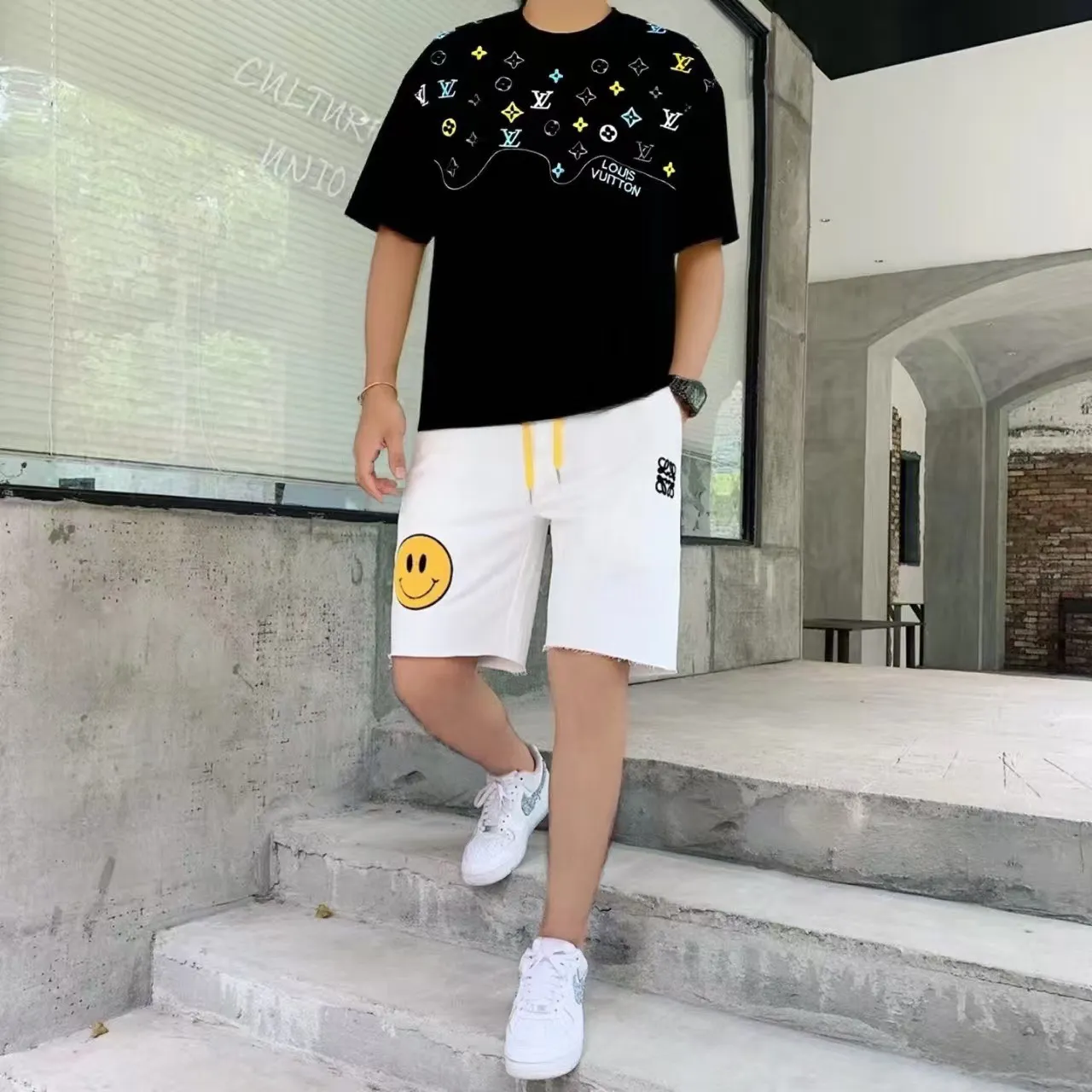 Louis Vuitton/Louis Vuitton 26ss wave pattern color block presbyopic embroidered short sleeves